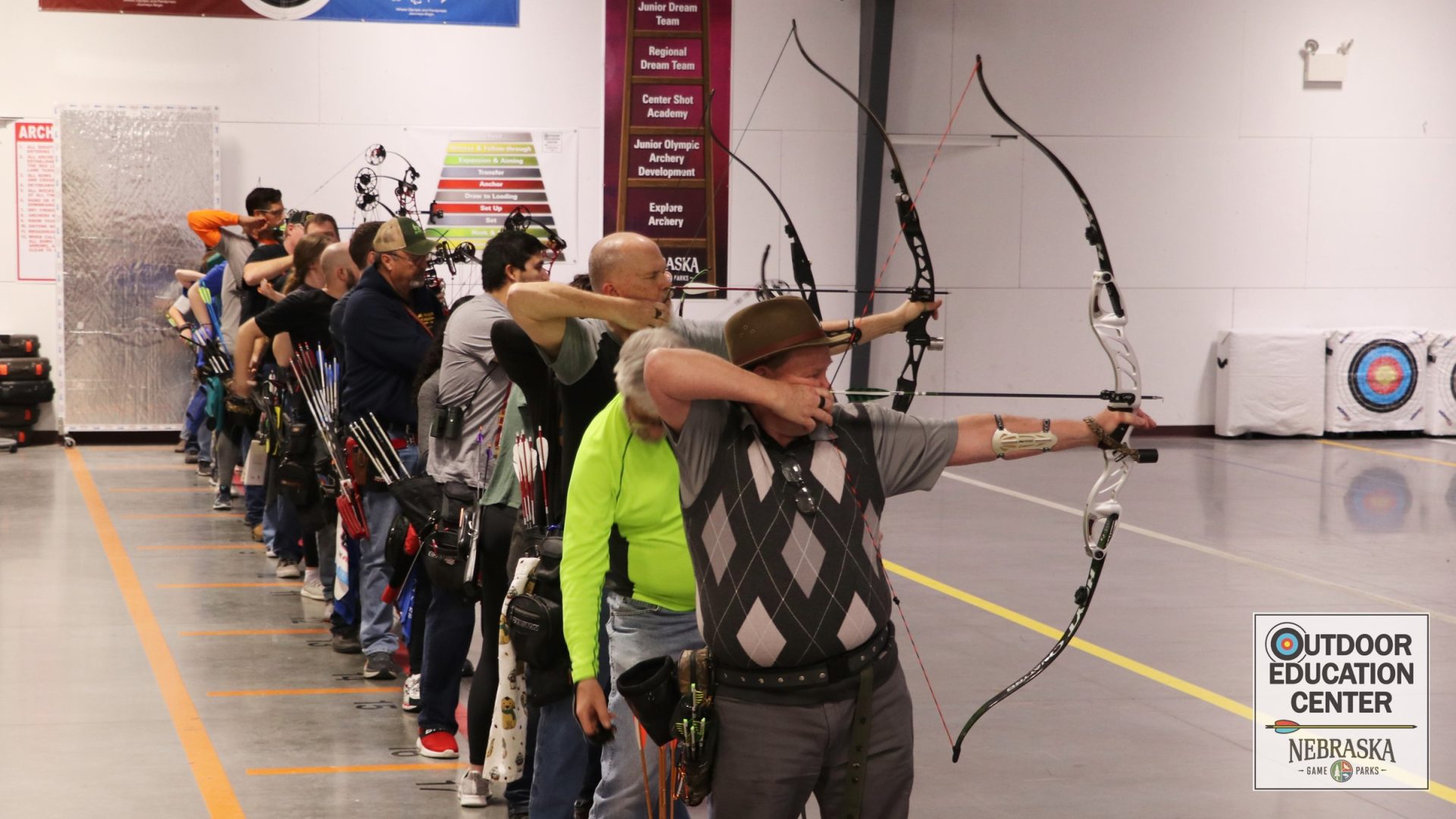 Side view multiple archers aim at targets