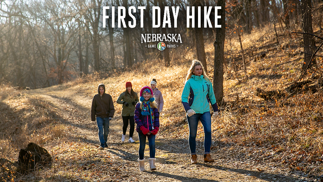 People hiking on a trail in a park during winter.