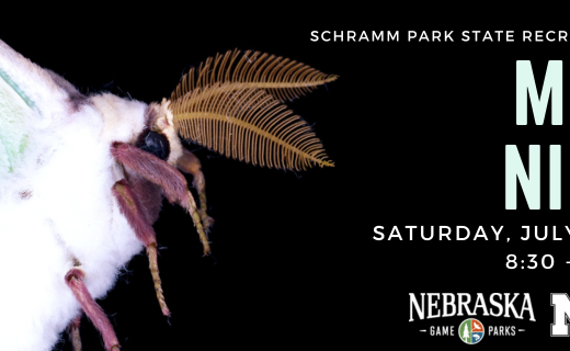 A photo of a white moth on a black background. Text reads, "Schramm Park State Recreation Area Moth Night. Saturday, July 25, 2026, 8:30 - 10:30 pm" with the Nebraska Game and Parks Commission and Nebraska Extension logos underneath.
