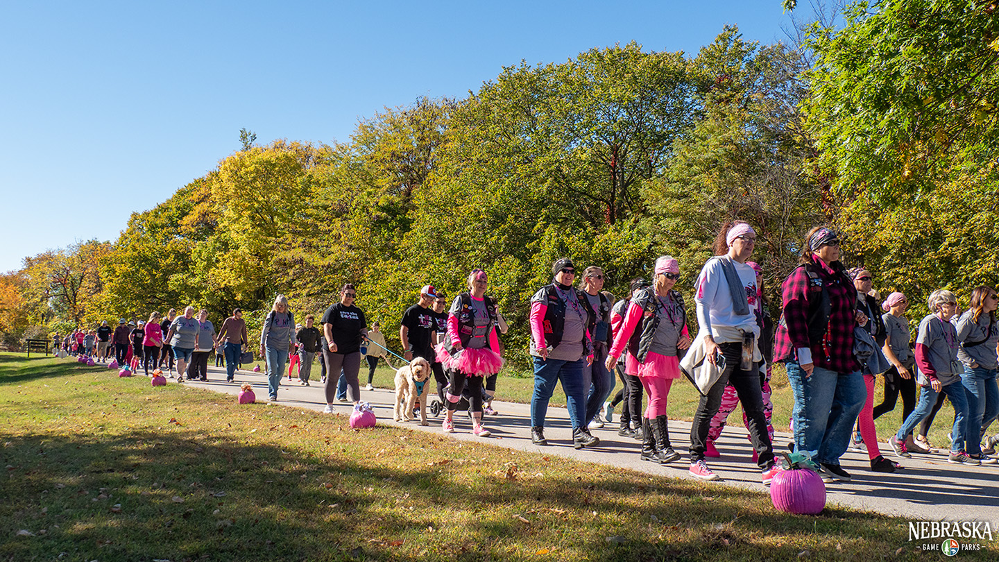 People walk on a sidewalk at Indian Cave State Park during the Pink Pumpkin Walk annual event for breast cancer awareness.