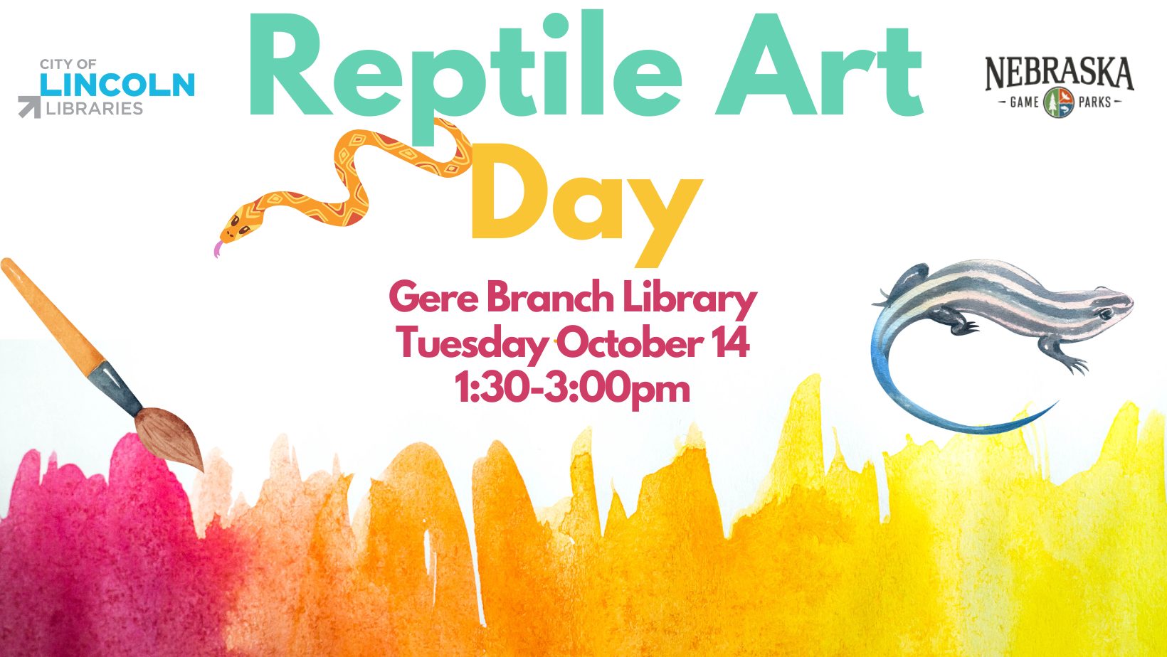 Graphic for Reptile Art Day at Gere Library.