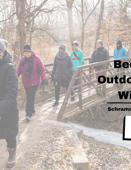 Women hike over a bridge during winter at a park.