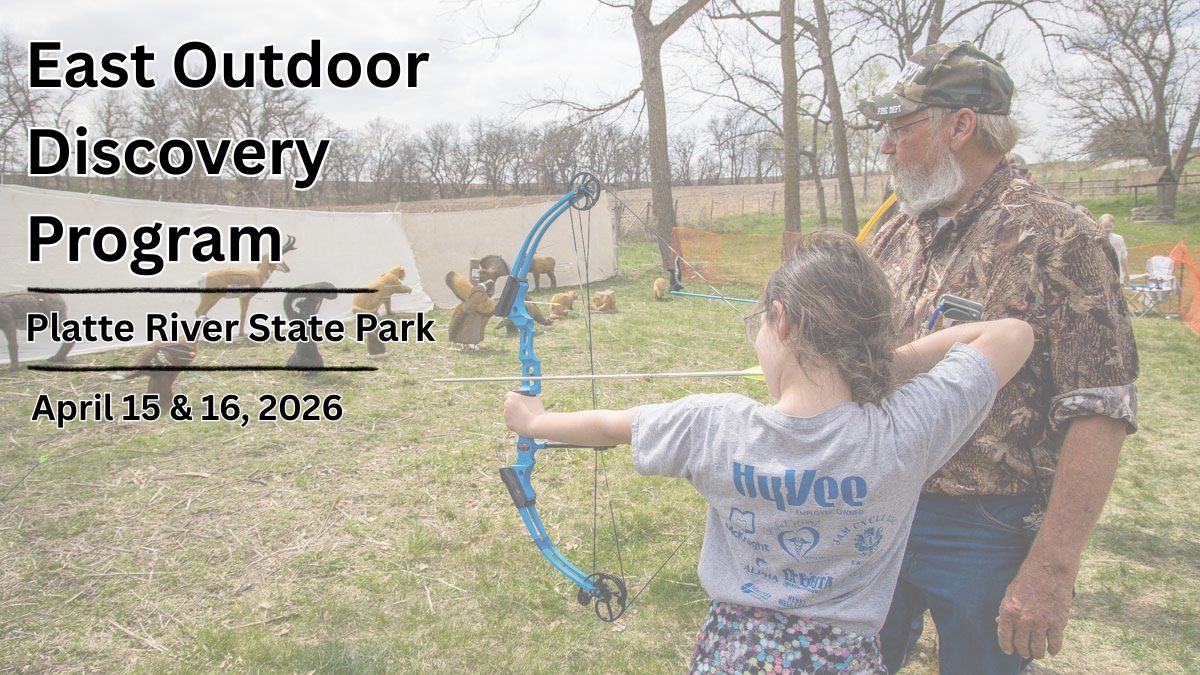 Graphic for the East Outdoor Discovery Program event at Platte River State Park featuring girl shooting archery.