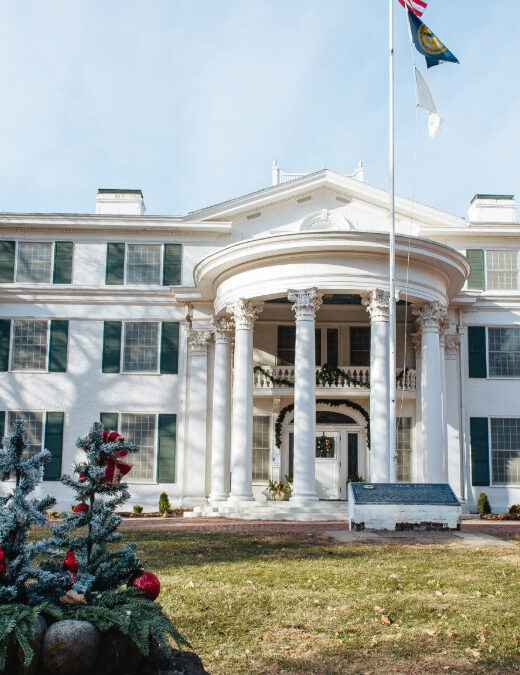 Photo of Arbor Lodge Mansion around Christmas time.