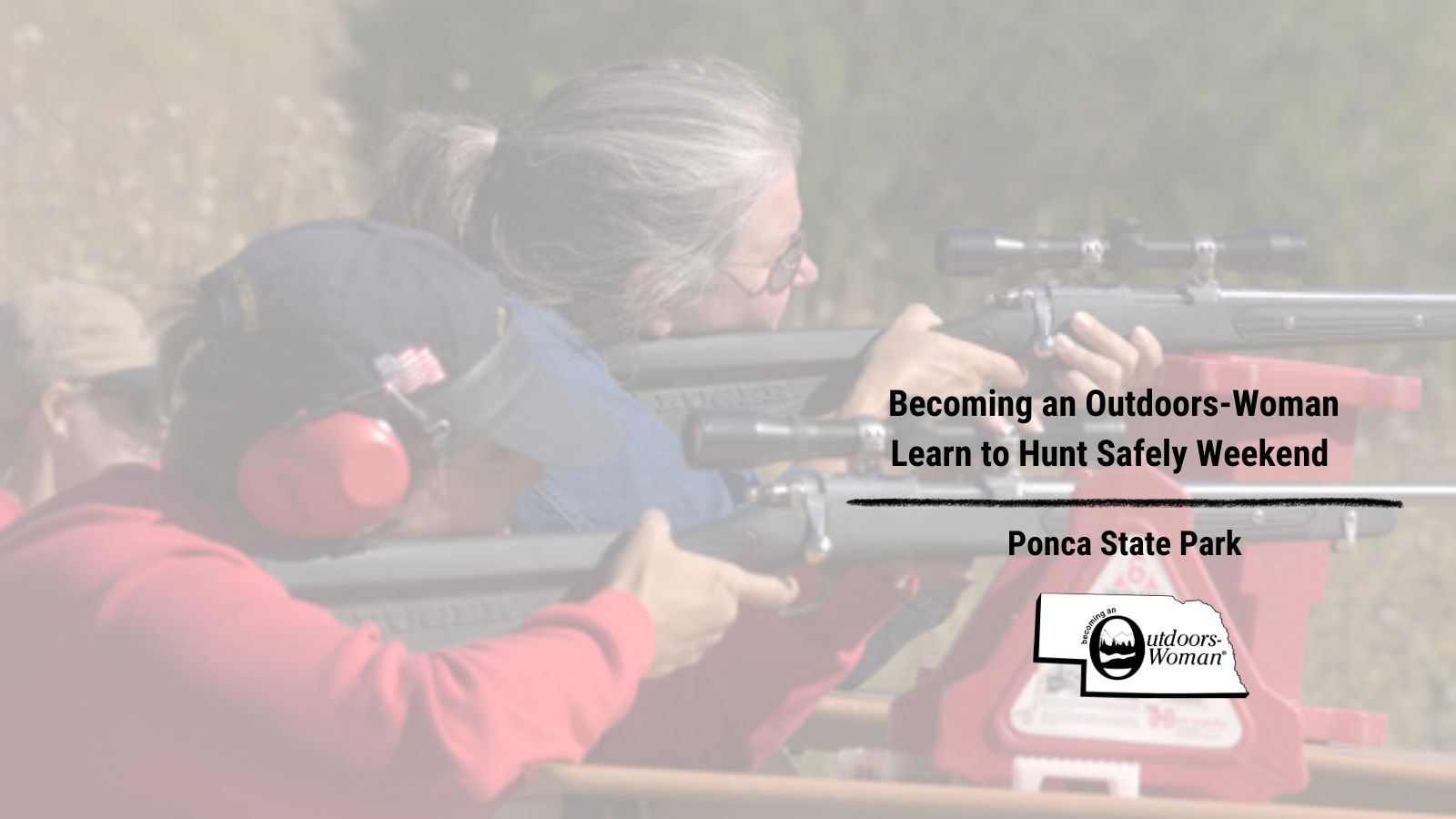 Two women practice target shooting during hunt safety training.