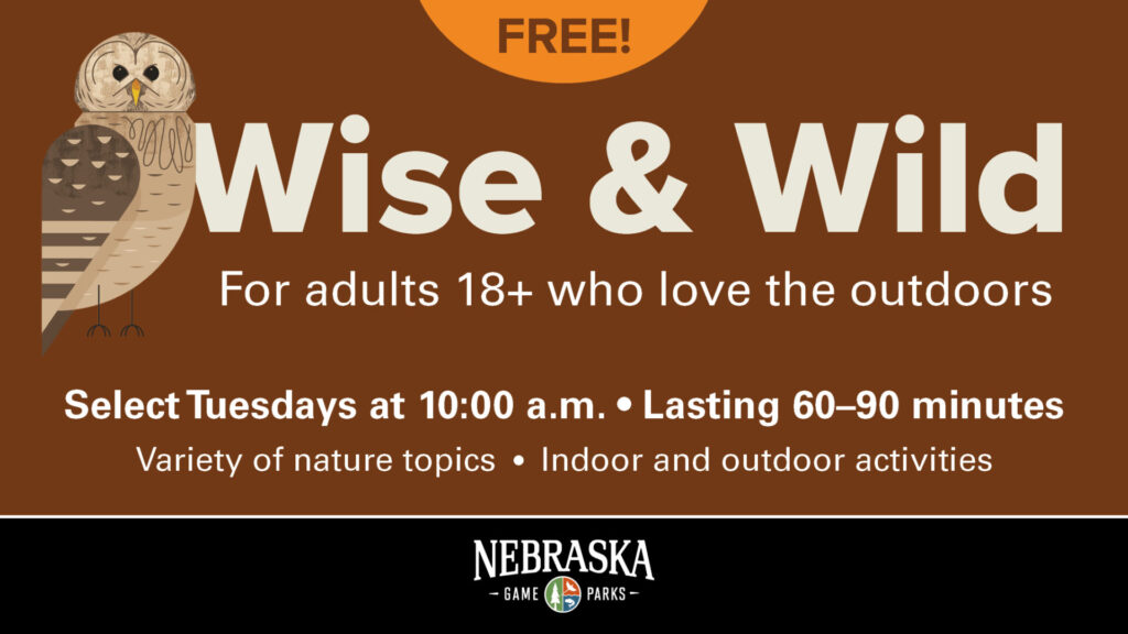 Graphic for Wise and Wild event series at Mahoney State Park, which occurs select Tuesdays at 10 a.m. for adults 18 and up.