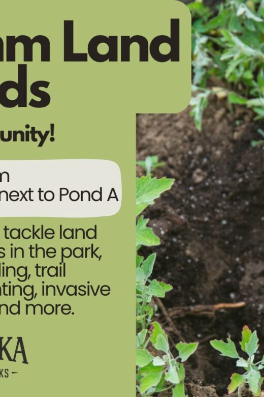 Graphic for Schramm Land Stewards volunteer event at Schramm Park State Recreation Area.