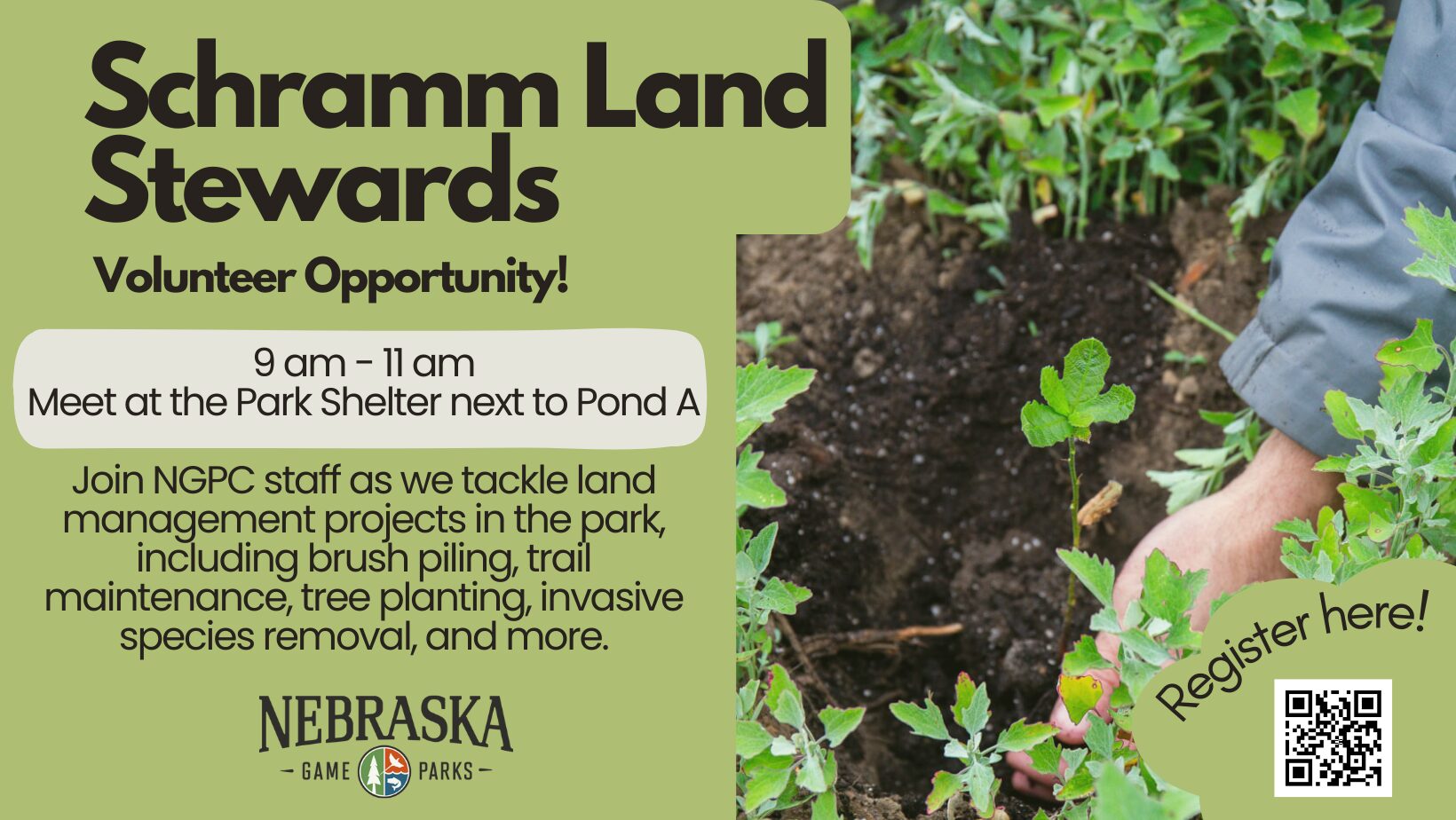 Graphic for Schramm Land Stewards volunteer event at Schramm Park State Recreation Area.