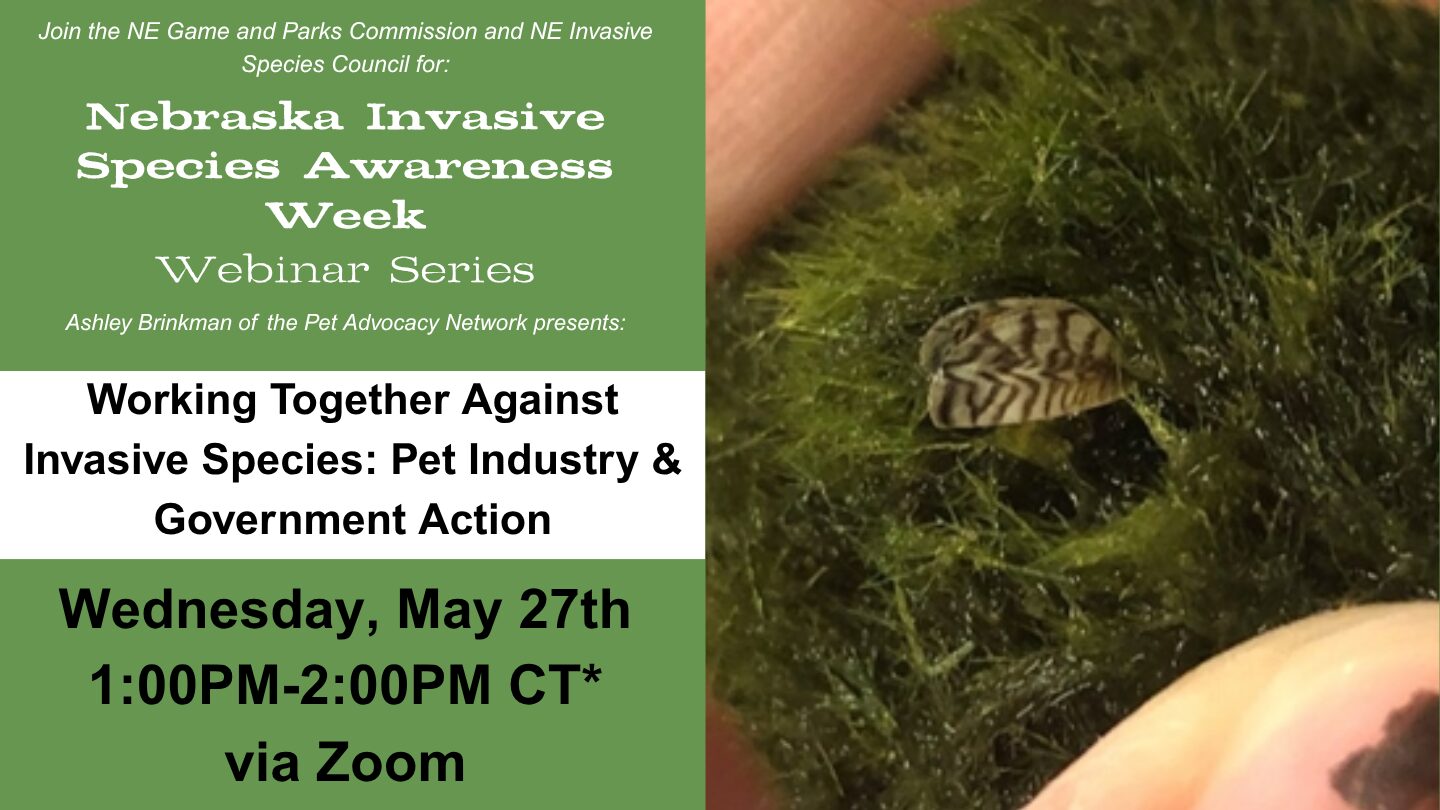 Event graphic for a webinar about working together against invasive species within the pet industry and government action.