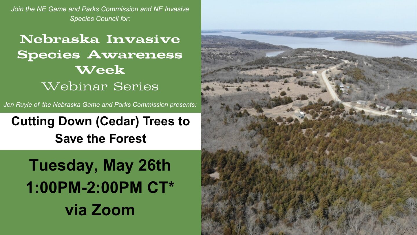 Event graphic for Nebraska Invasive Species Awareness week featuring Easter Red Cedar Trees.