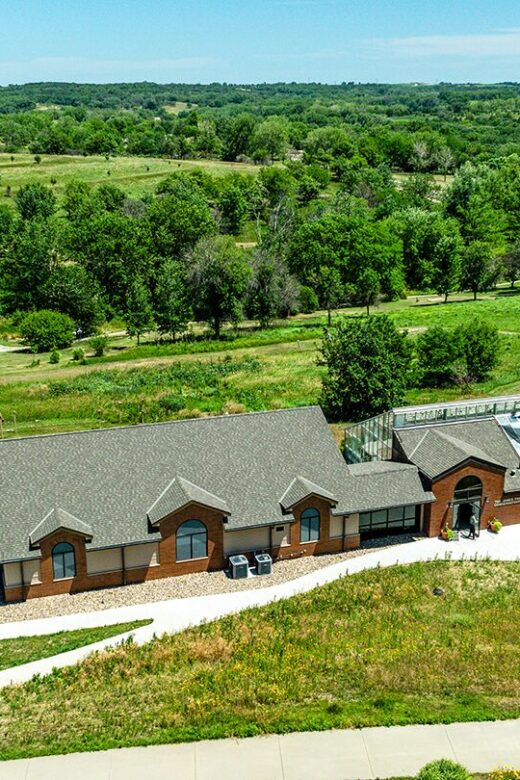 Aerial view of James Family Conservatory and Nature Center at Mahoney State Park during summer.