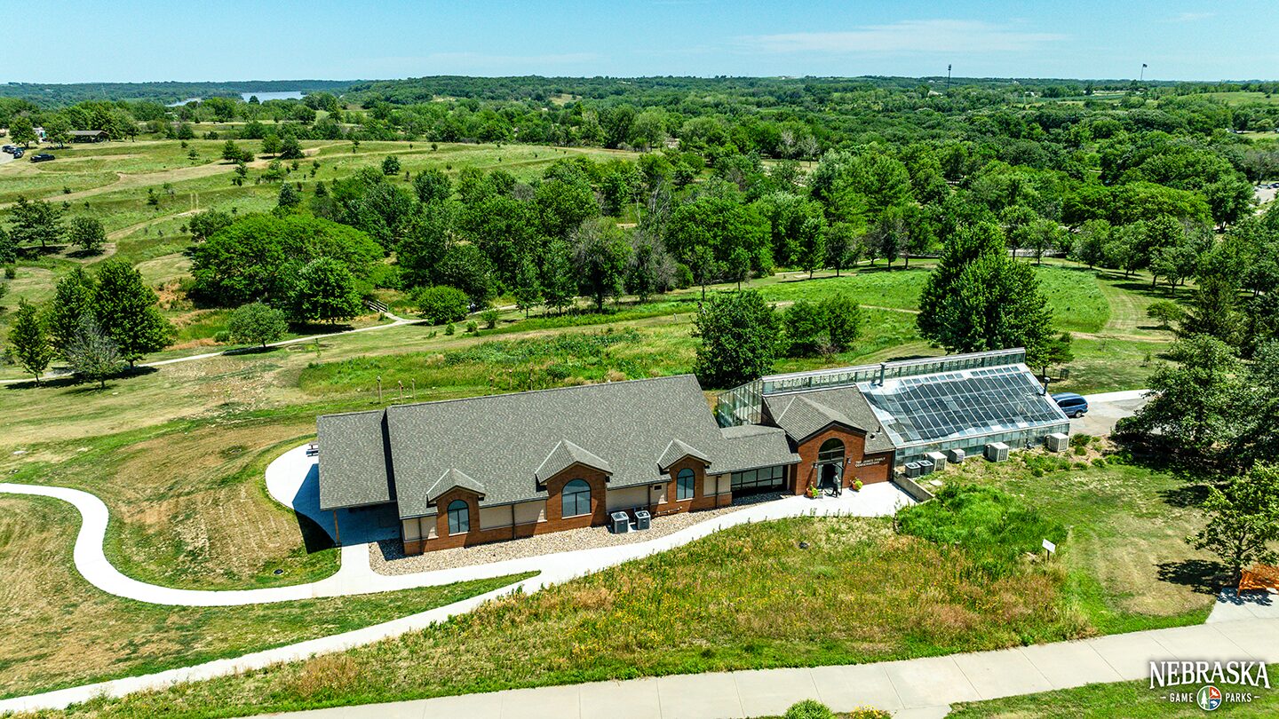 Aerial view of James Family Conservatory and Nature Center at Mahoney State Park during summer.