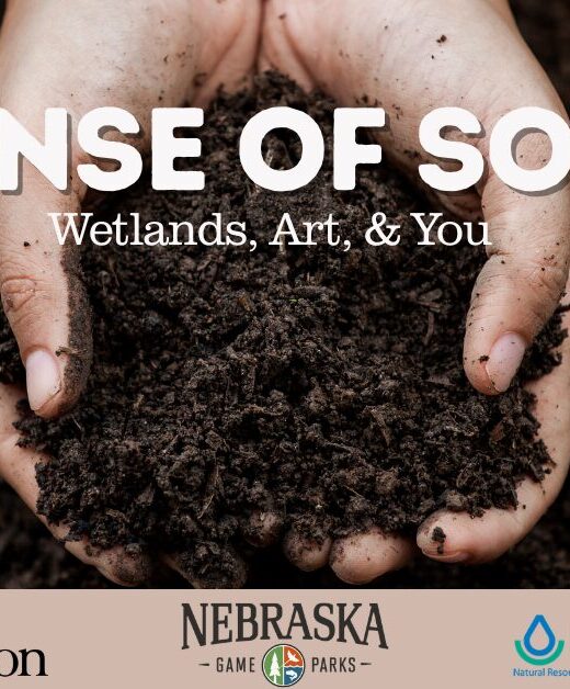 Photo of hands holding soil with name of event, "Sense of Soil: Wetlands, Art, & You".