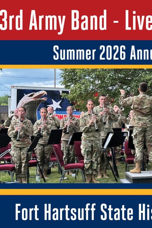 Event graphic for a live concert featuring the Nebraska Army National Guard 43rd Army Band.