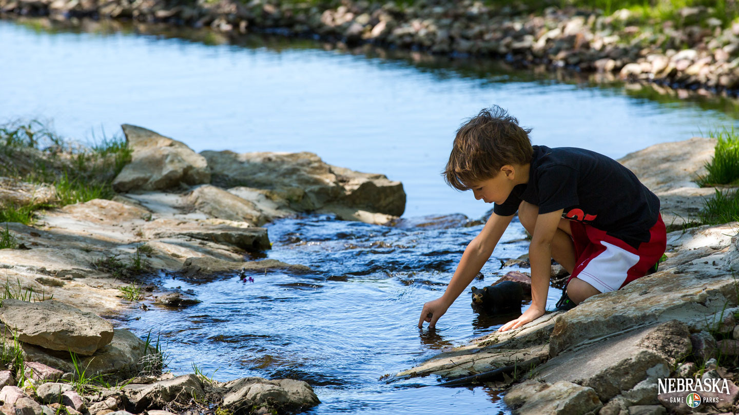 A child plays in Crawdad Creek at Platte River State Park during summertime.