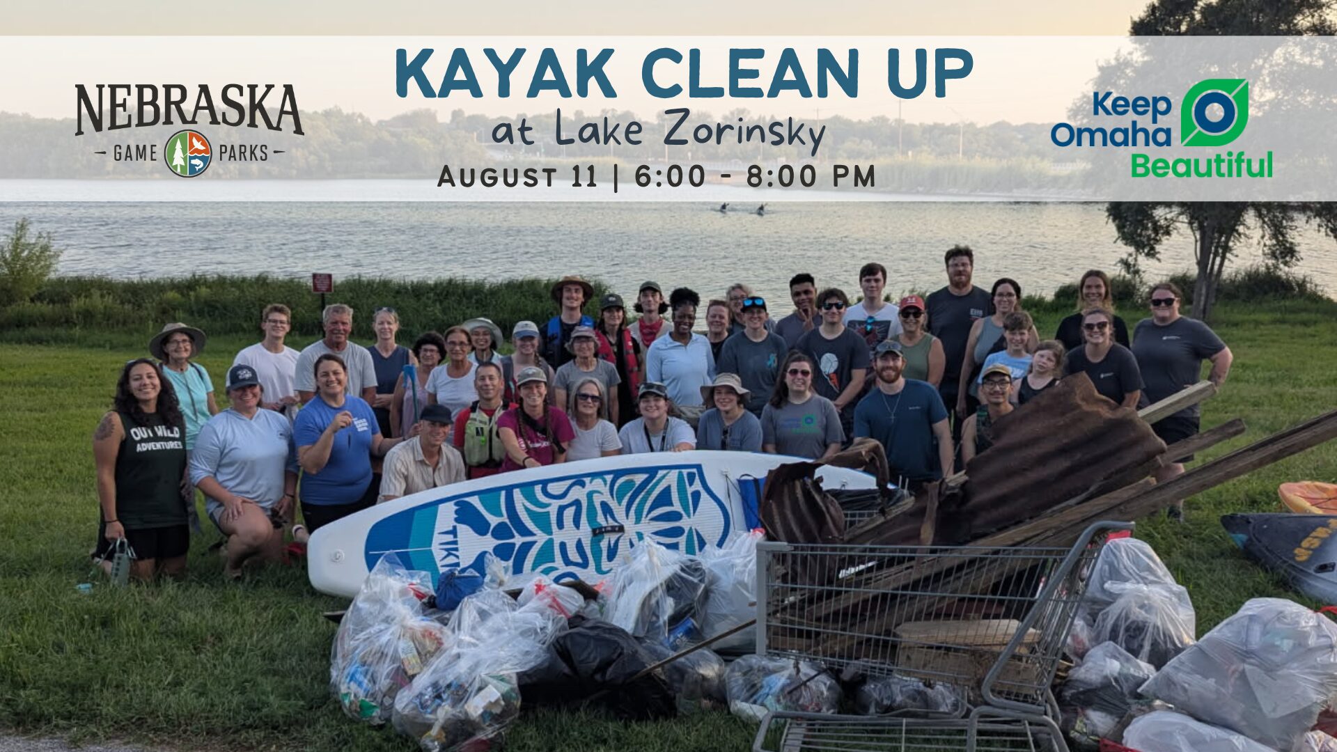 Event graphic for a kayak clean up at Zorinsky Lake.