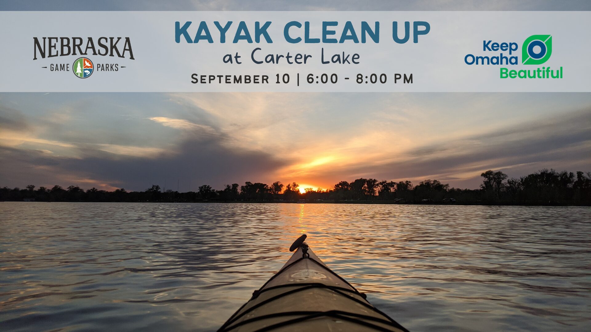 Event graphic for a kayak clean up at Carter Lake in Omaha.