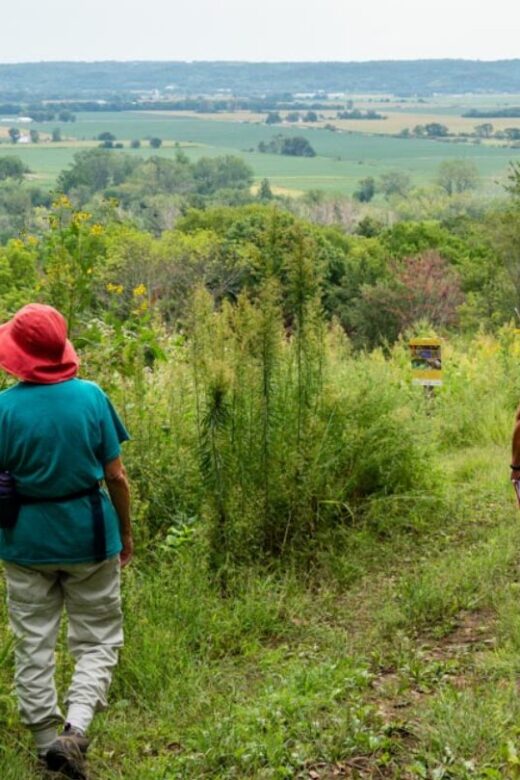 Two women hiking in a park.