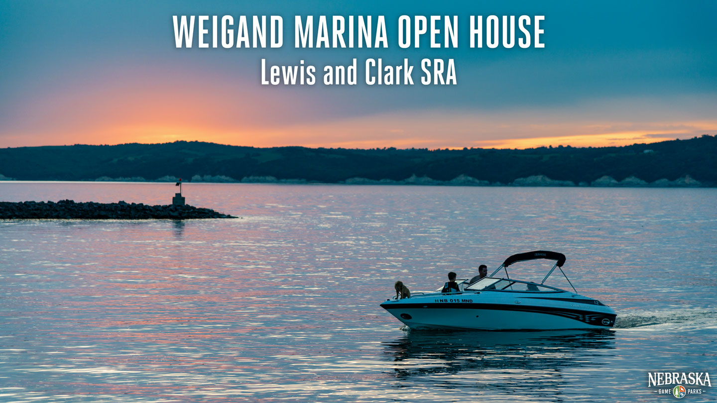 People boating at sunset near Weigand Marina at Lewis and Clark SRA.