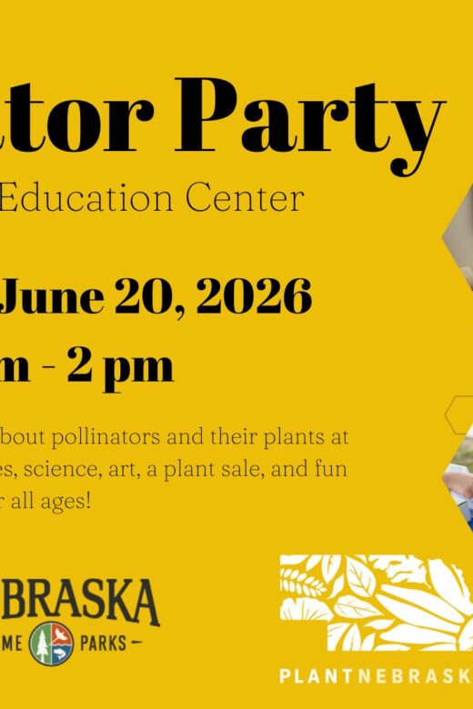 Pollinator Party at Schramm Education Center. Saturday, June 20, 2026 from 10 am - 2 pm. Photos of past pollinator party events are shown on a golden yellow background.