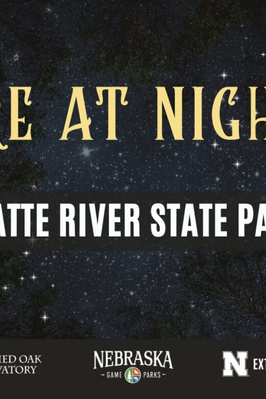 Background image is looking up at the night sky through some trees. Text over image says Nature at Nightfall Platte River State Park with a moth on the left of the text and a bat on the right. Logs on the bottom of the image for Nebraska Master Naturalist, Branch Oak Observatory, Nebraska Game and Parks, UNL Extension, and UNO