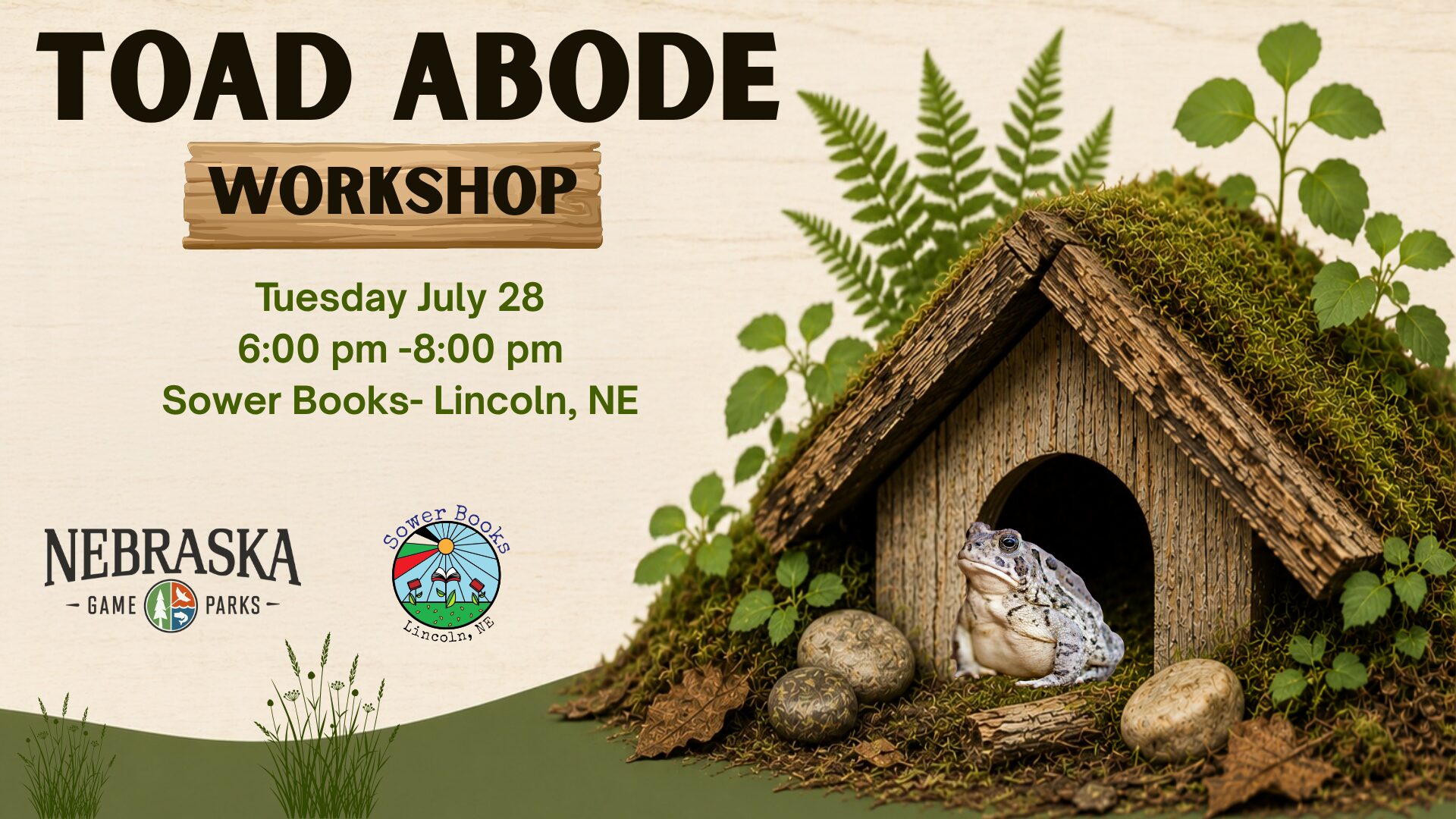 Event graphic for Toad Abode Workshop.
