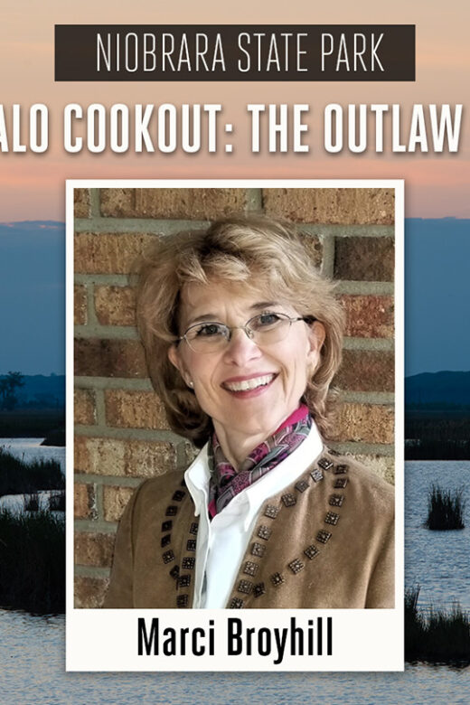 Event graphic for a buffalo cookout at Niobrara State Park featuring storyteller Marci Broyhill.