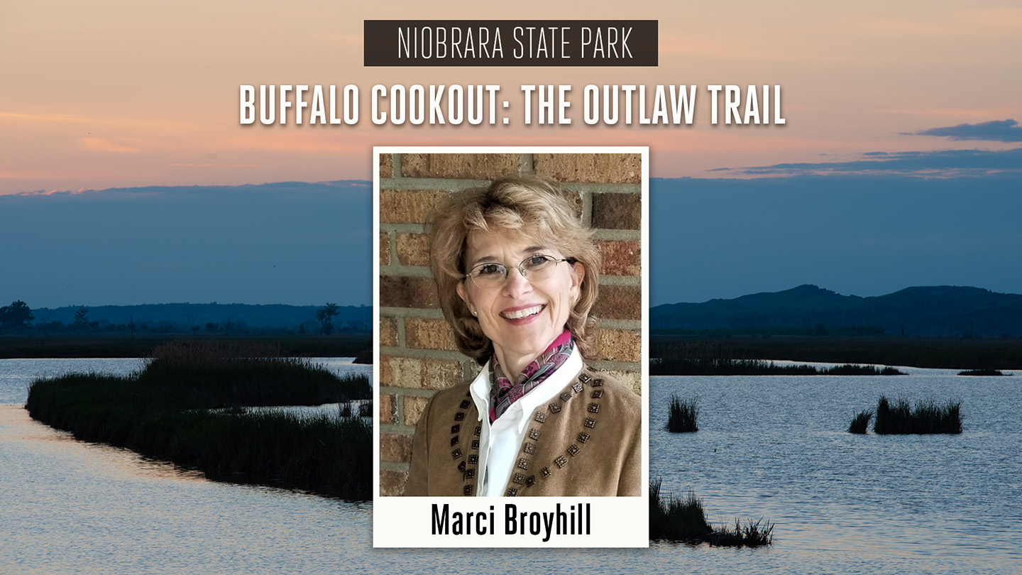 Event graphic for a buffalo cookout at Niobrara State Park featuring storyteller Marci Broyhill.