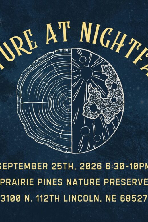 Event graphic for Nature at Nightfall featuring a moon and nature related icons.