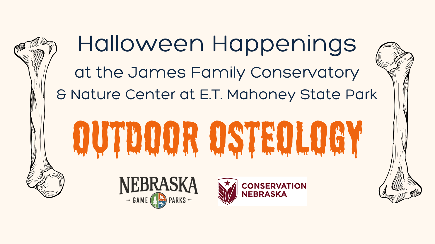 Event graphic for Outdoor Osteology at Mahoney State Park with bone and skeleton illustrations.