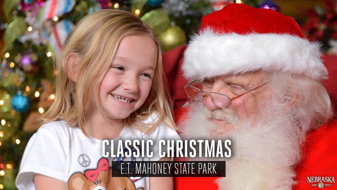 A smiling little girl sits on Santa's lap.
