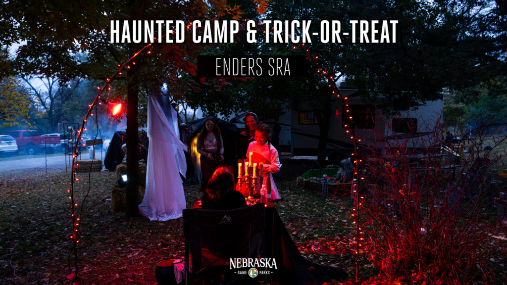 Trick or treaters at a campsite on Hallween.