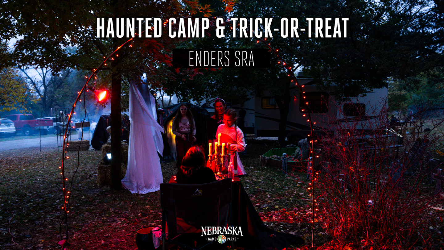 Trick or treaters at a campsite on Hallween.